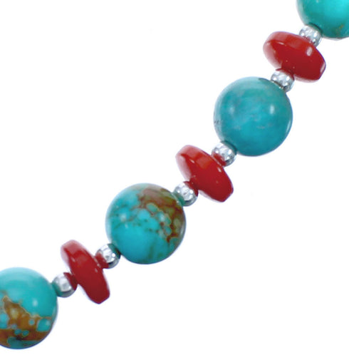 Southwest Sterling Silver Kingman Turquoise and Coral Bead Necklace KX121102